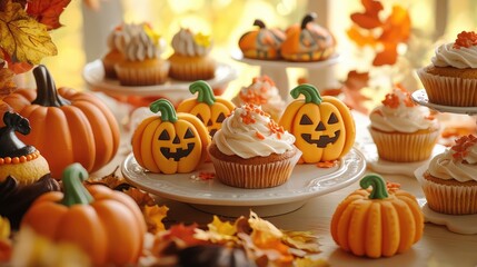 Delicious autumn-themed cupcakes decorated with pumpkins and fall leaves for a festive celebration.