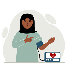 Woman checks blood pressure. healthcare concept. Blood pressure measurement, digital tonometer. Health monitoring. Vector flat illustration.