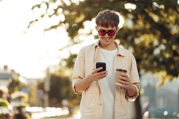 Fototapeta premium Smiling Young Man Texting on Smartphone and Holding Coffee in Morning City Street