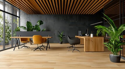Obraz premium Modern Open Plan Office Interior Design with Wood and Concrete Elements
