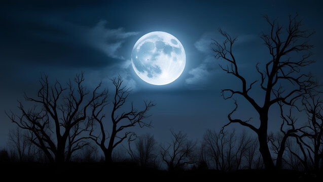 halloween night sky, full moon with haunted forest - gen ai