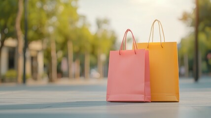 Vibrant pink and yellow shopping bags on a sunny street with blurred background.