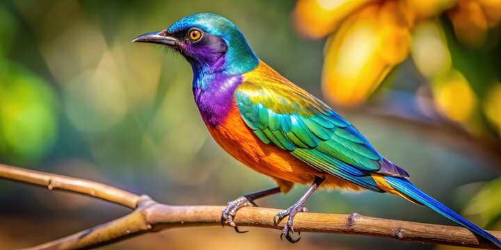 Close-Up Photograph Of A Vibrant African Mirla Bird Perched On A Branch, Its Iridescent Plumage Shimmering In The Sunlight.