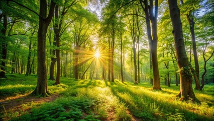 Tranquil Wooded Clearing Surrounded by Lush Trees, Sunlight Filtering Through the Greenery