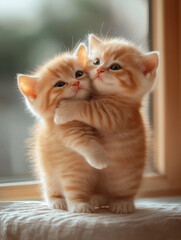 Obraz premium Two cute baby cats hugging each other