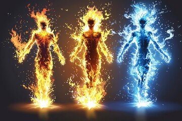 Three Humanoid Figures Enveloped in Flames of Yellow, Orange, and Blue