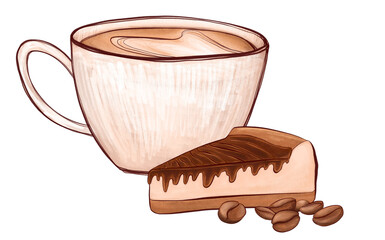 Latte with cake isolated on a white background