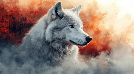 Obraz premium watercolor illustration of a majestic white wolf its fur blending into a soft background capturing the essence of wild beauty and grace with delicate brush strokes emphasizing its features