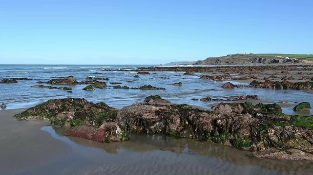 Low tide in October at Widemouth beach Cornwall