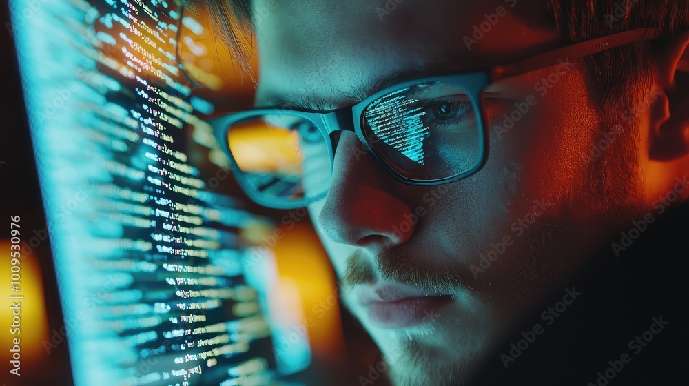 Poster focused programmer analyzing code on a screen, showcasing technology and concentration in a dark env