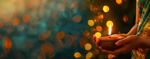 Close up indian womens hands with burning diya. Girl hands in mehendi hold glowing oil lamp on blurred lights blue background. Ugadi, Diwali, Deepavali greeting card. Hindu festival of lights. 