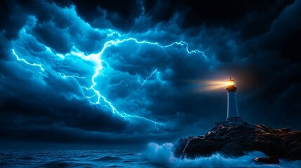 Lighthouse Beacon During Stormy Night with Lightning
