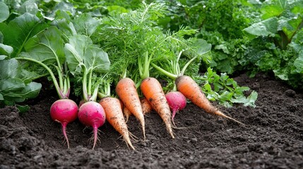 Freshly harvested vegetables with bright colors, showcasing radishes and carrots in rich dark soil, ideal for healthy living themes.