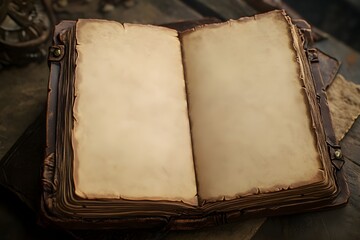 an opened leatherbound journal opened to two blank pages