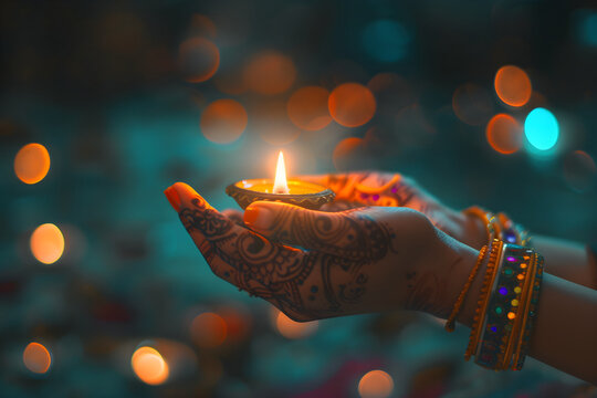 Close up indian womens hands with burning diya at night. Girl hands in mehendi hold burning oil lamp on blurred lights background. Ugadi, Diwali, Deepavali greeting card. Hindu festival of lights.