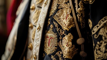 Intricate details of an ornate costume, showcasing rich embroidery and luxurious fabric, conveying elegance and historical significance.
