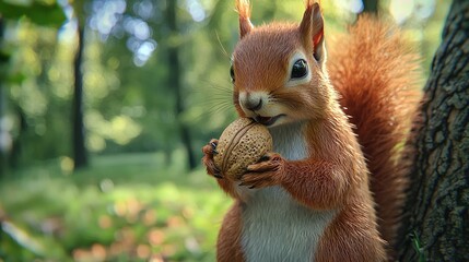   A zoomed-in image of a squirrel clutching a nut within its jaw as it perches beside a tall tree amidst a woodland