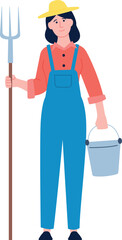Female farmer color character. Woman with gardening tools