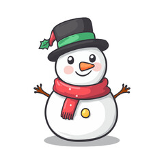 Cheerful snowman with a green and black hat, red scarf, and holly leaves