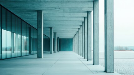Fototapeta premium Modern architectural design featuring a minimalist corridor with concrete columns and large windows in a serene setting.