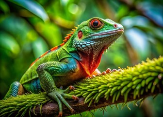 Obraz premium Unique troglodita creature resting on a branch amidst lush greenery in a vibrant natural habitat