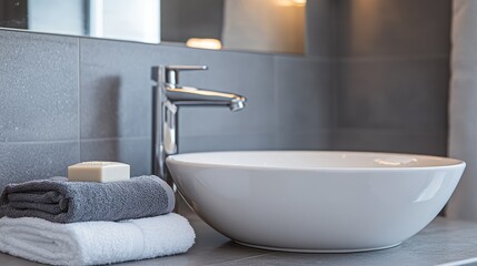 Fototapeta premium Modern bathroom sink with towels and soap, showcasing stylish design and minimalistic aesthetics for a contemporary space.
