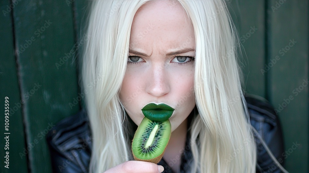 Poster   A blonde woman in front of a kiwi with a kiss on it