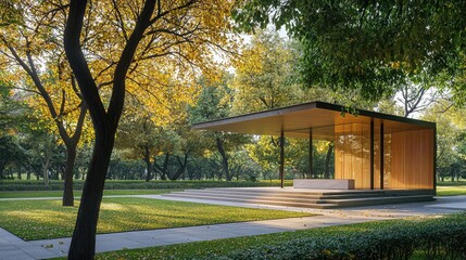 Modern pavilion surrounded by lush greenery and trees, showcasing contemporary architecture and tranquil park setting.