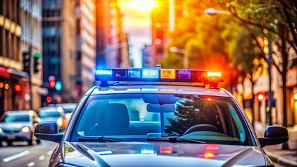 Urban Police Vehicle Parked on City Street with Emergency Lights Flashing in Bright Daylight