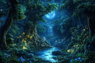 Fototapeta premium Enchanting Moonlight Forest with Waterfall and Creek