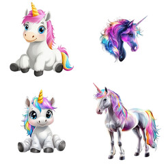 Set of happy cute and funny cartoon unicorns on a transparent background