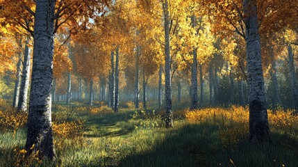 Obraz premium Sunlight filtering through a grove of golden trees, revealing a path and lush green grass