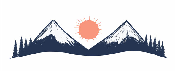 Simple vector logo of snow-capped mountains and sun, ideal for outdoor brands, adventure, or nature-related logos.