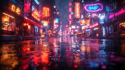 wet asphalt glistening under neon lights during a stormy night showcasing a vibrant urban scene with abstract reflections and colors creating a moody electrifying atmosphere