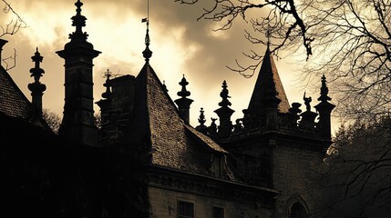 Fototapeta premium Silhouette of an ornate castle against a dramatic sky, featuring intricate architecture and a moody atmosphere.