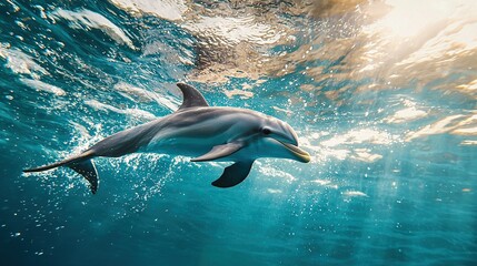   A dolphin swimming in the ocean with sunlight glistening on its back and head poking above the water