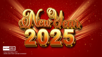 Happy new year celebrate luxury 3d editable vector text effect with shiny sparkle element on red glitter background