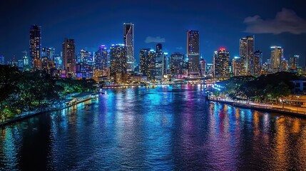 Naklejka premium Stunning city skyline at night, showcasing vibrant lights reflecting on the water. A breathtaking urban landscape.
