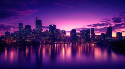 Obraz premium Stunning city skyline at twilight, reflecting purple hues on water, showcasing modern architecture and serene atmosphere.