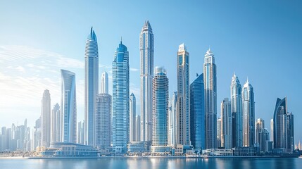 Stunning skyline of modern skyscrapers reflecting against the water, showcasing architectural excellence and vibrant city life.