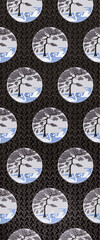  pattern of white swans on a lake with a tree, on a black patterned background.