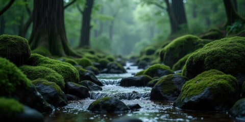 A serene forest scene featuring a flowing stream surrounded by lush moss-covered rocks, perfect for nature and wellness projects.