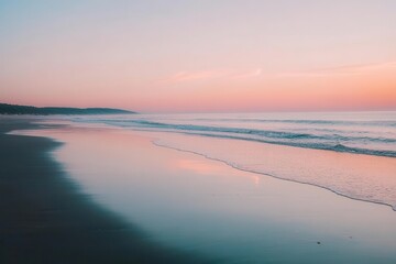 Fototapeta premium A serene beach at sunset, showcasing gentle waves and pastel skies.