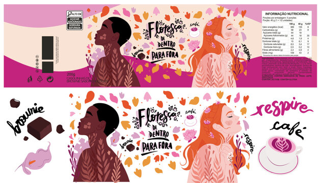 Mulher, homem, r&oacute;tulo, brownie, chocolate, vetor, natureza, folhas, flor, lettering, frase, sa&uacute;de mental, caf&eacute;, respire, ess&ecirc;ncia, beleza, produto, embalagem, outonal, colorido, igualdade, diversidade