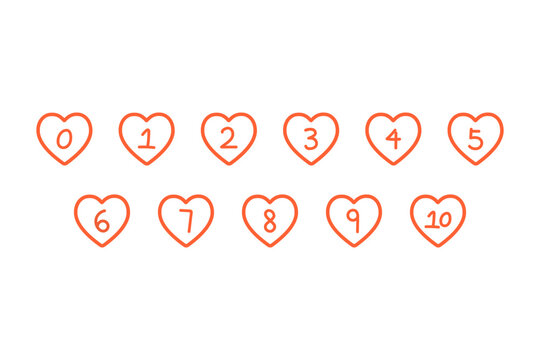 Hand drawn heart shape number 0-10 bullet point outline collection. Holiday celebration, romance, love, anniversary concepts. Flat decorative vector design isolated illustration.