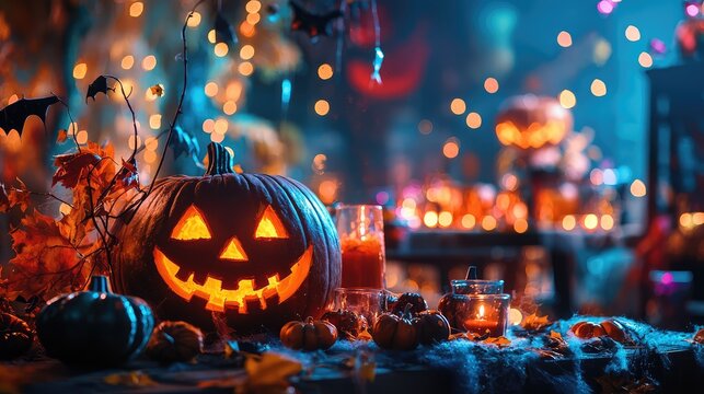 Vibrant Halloween scene featuring carved pumpkin, glowing candles, and festive decorations, perfect for seasonal celebrations.