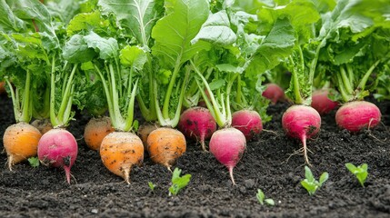 Vibrant radishes with rich colors growing in fertile soil, showcasing healthy produce and agricultural abundance.
