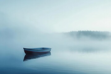 Fototapeta premium A serene boat floats in a misty lake, surrounded by tranquil nature and soft reflections.
