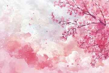 Fototapeta premium Cherry blossoms with delicate pink flowers and falling petals against pastel sky. Perfect for wallpaper, wedding invitations or digital media, art prints or seasonal promotions