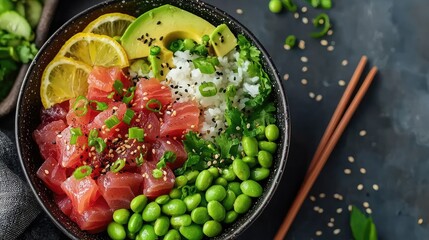 Vibrant sushi bowl featuring fresh tuna, avocado, edamame, and lemon slices, garnished with sesame seeds and green onions.